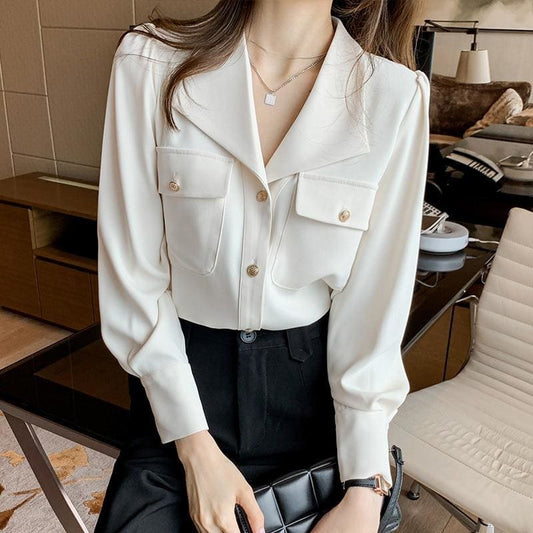 Alis - Spring Long Sleeves Loose Chiffon Shirt - shirt