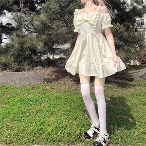 Almond Lilly Kawaii Princess Lolita Off-Shoulder Spring Bow 