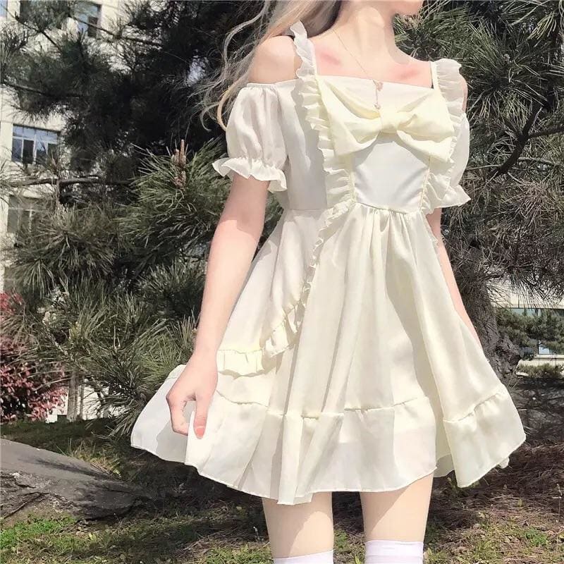Almond Lilly Kawaii Princess Lolita Off-Shoulder Spring Bow 