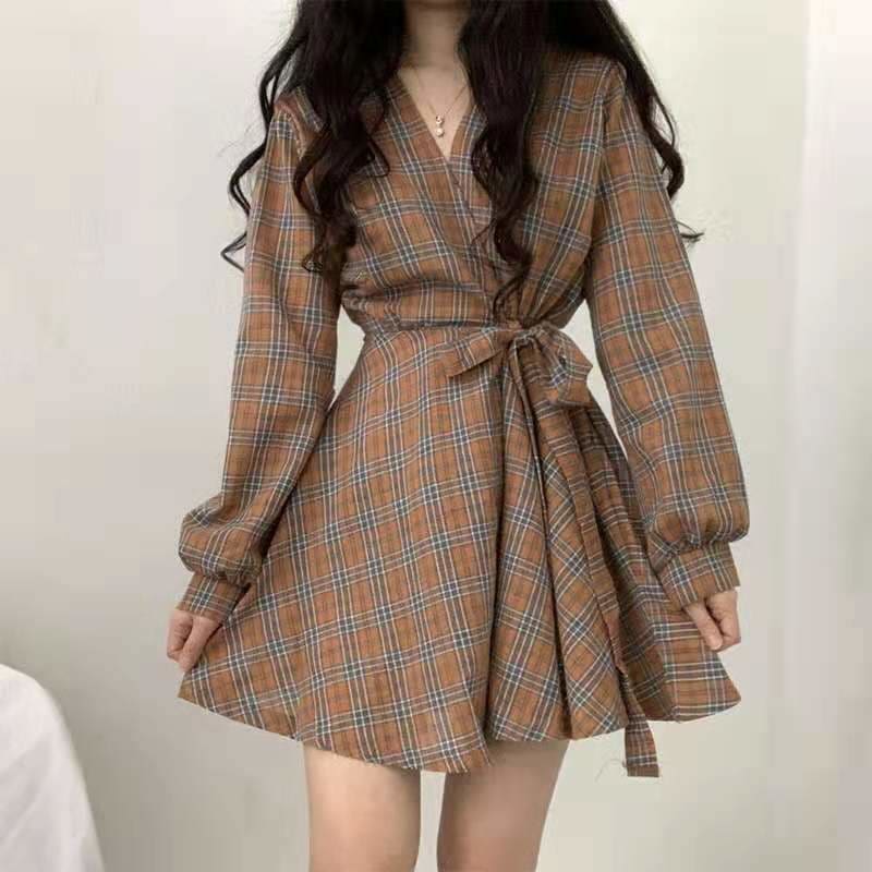 Amelie - Winter Plaid Dress Long Sleeve Scottish Plaid Slim 