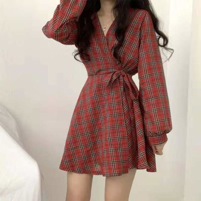 Amelie - Winter Plaid Dress Long Sleeve Scottish Plaid Slim 