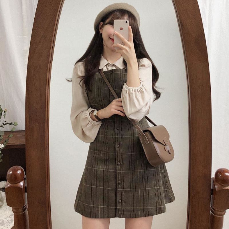 Anna - Sweet Long Sleeve Blouse + Plaid Pinafore Dress - 