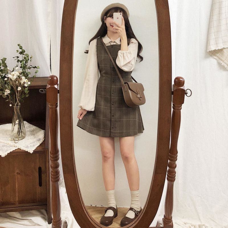 Anna - Sweet Long Sleeve Blouse + Plaid Pinafore Dress - 