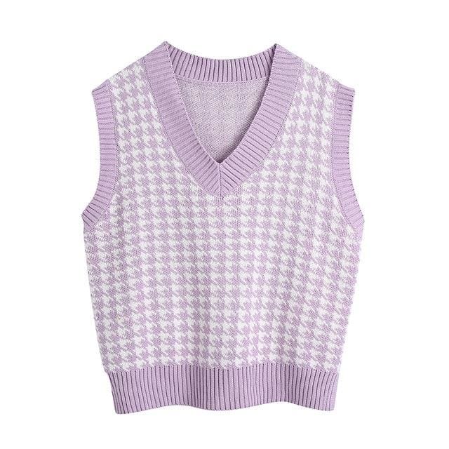 Ares - Houndstooth Knitted Sweater Vest - vest