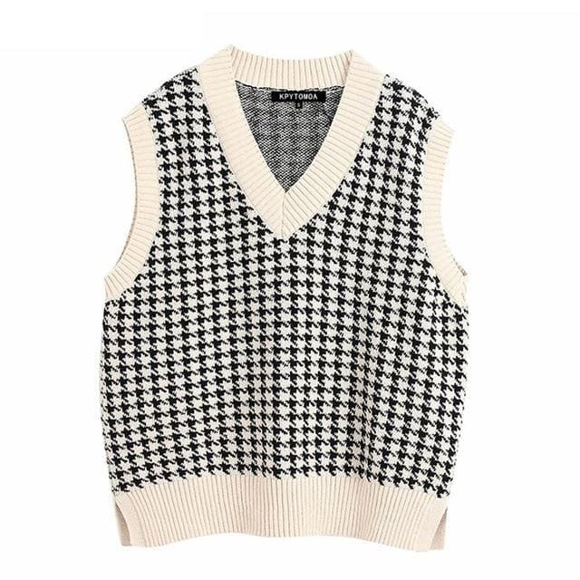 Ares - Houndstooth Knitted Sweater Vest - vest