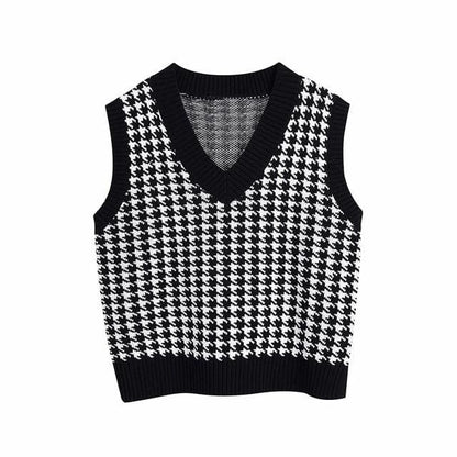 Ares - Houndstooth Knitted Sweater Vest - vest