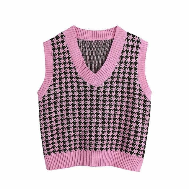 Ares - Houndstooth Knitted Sweater Vest - vest