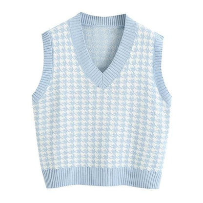 Ares - Houndstooth Knitted Sweater Vest - vest