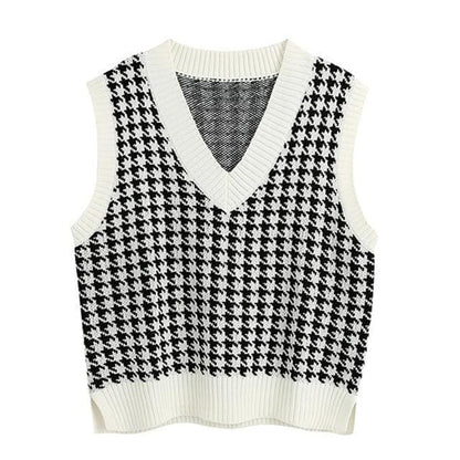 Ares - Houndstooth Knitted Sweater Vest - vest