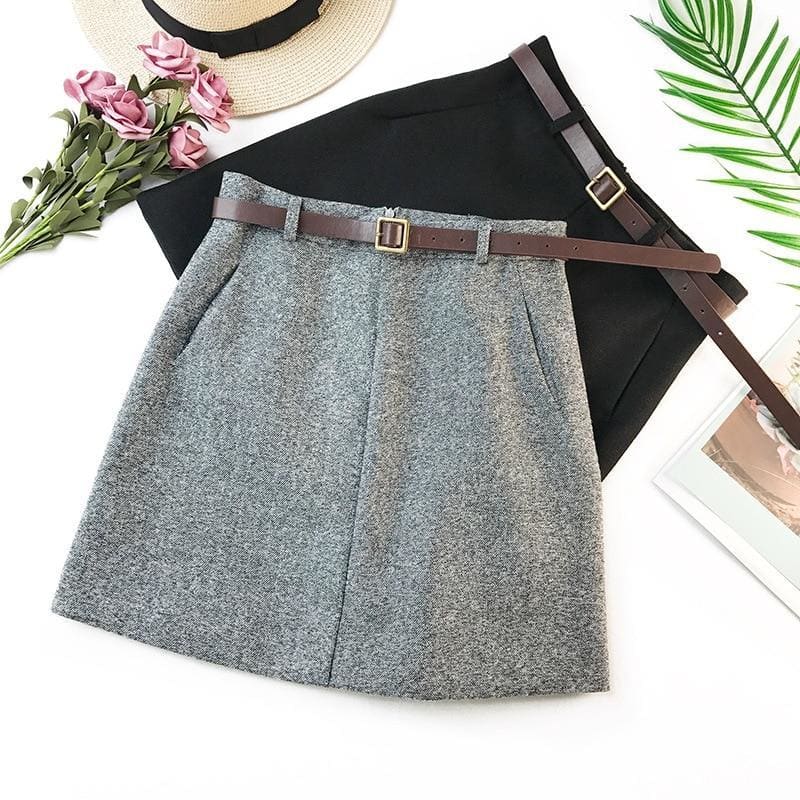 Author - High Waist A-Line Cotton Mini Skirt with Belt - 