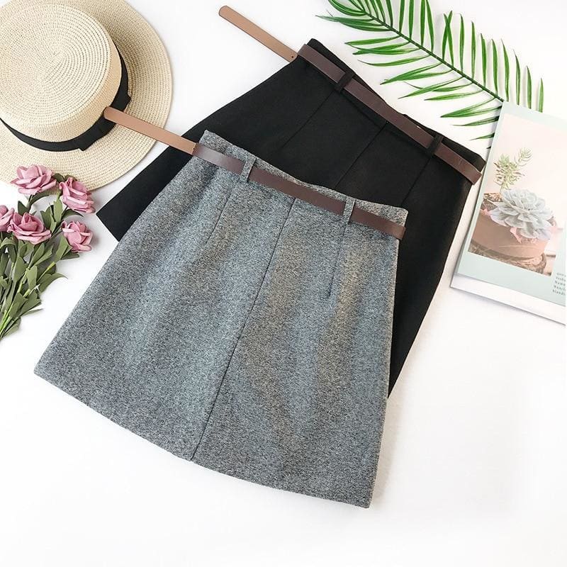 Author - High Waist A-Line Cotton Mini Skirt with Belt - 