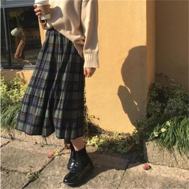 Autumn Winter - Long Pleated Plaid Skirt Women - Skirt