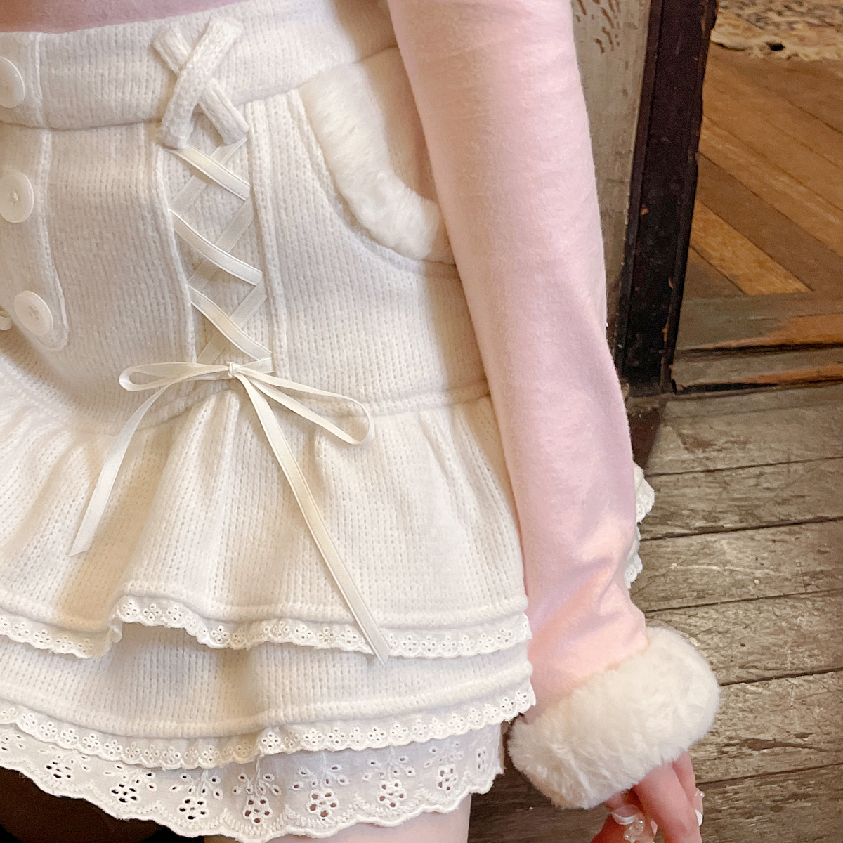 Kawaii Cute Fluffy Lace-up Knitted Cake Skirt MK16872