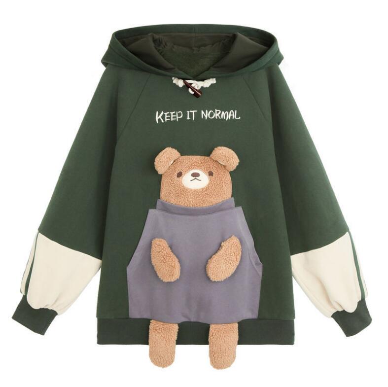Japanese Fashion Dark Green Kawaii Bear Hug Pocket Hoodie Sweater MK16545