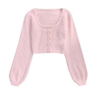 Baby Pink Soft Girl Sweet Fuzzy Cropped Sweater - One Size 