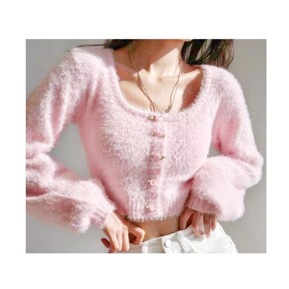 Baby Pink Soft Girl Sweet Fuzzy Cropped Sweater - One Size 