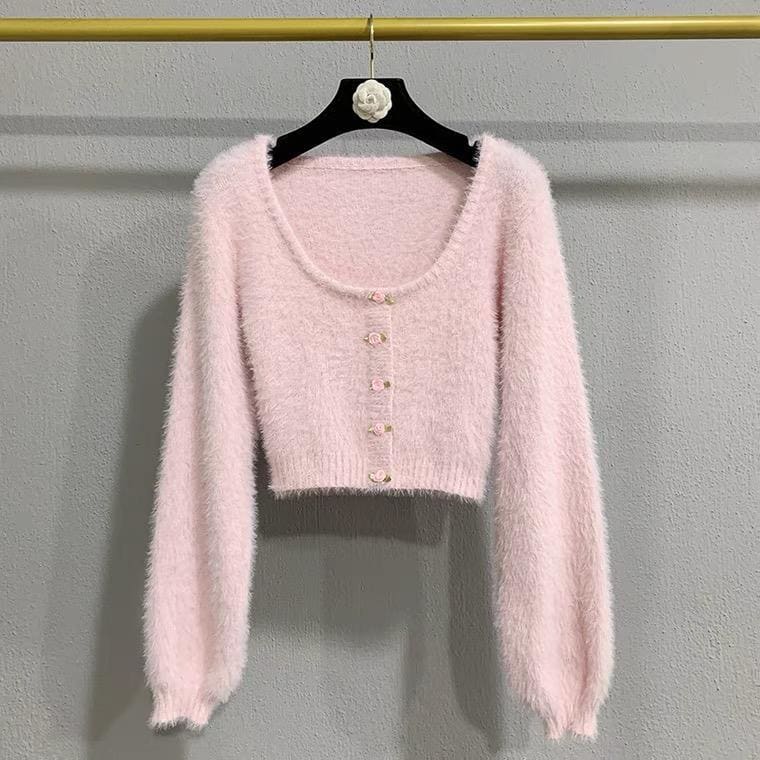 Baby Pink Soft Girl Sweet Fuzzy Cropped Sweater - One Size 