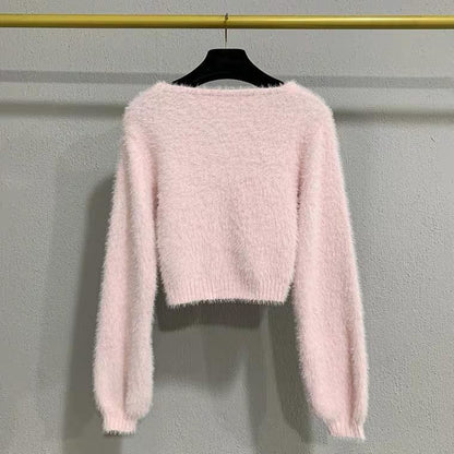 Baby Pink Soft Girl Sweet Fuzzy Cropped Sweater - One Size 