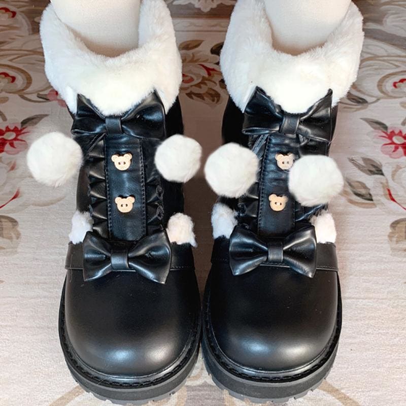 Bear Bow Fuzzy Ball Lolita Snow Boots MK15496 - KawaiiMoriStore