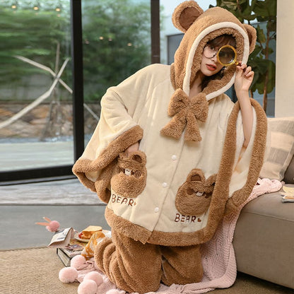 Bear Ears Pocket Bow Hooded Pajama Set MK15283 - KawaiiMoriStore