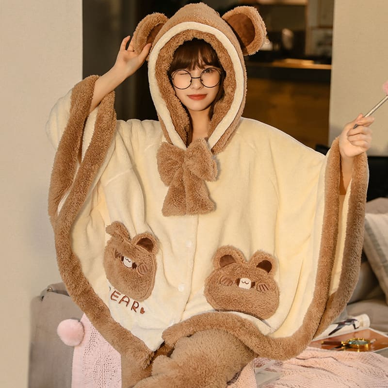 Bear Ears Pocket Bow Hooded Pajama Set MK15283 - KawaiiMoriStore