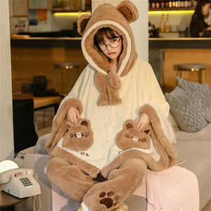 Bear Ears Pocket Bow Hooded Pajama Set MK15283 - KawaiiMoriStore