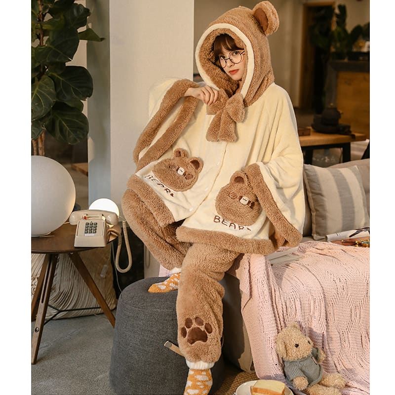 Bear Ears Pocket Bow Hooded Pajama Set MK15283 - KawaiiMoriStore