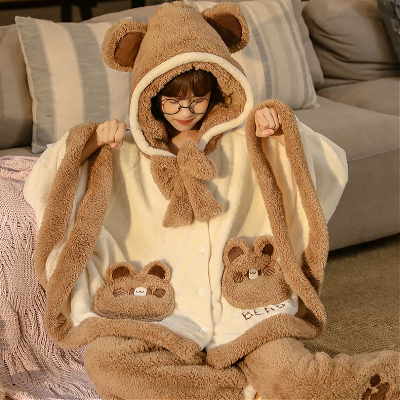 Bear Ears Pocket Bow Hooded Pajama Set MK15283 - KawaiiMoriStore