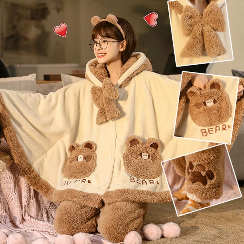 Bear Ears Pocket Bow Hooded Pajama Set MK15283 - KawaiiMoriStore