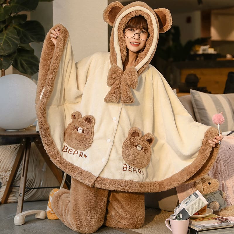 Bear Ears Pocket Bow Hooded Pajama Set MK15283 - KawaiiMoriStore