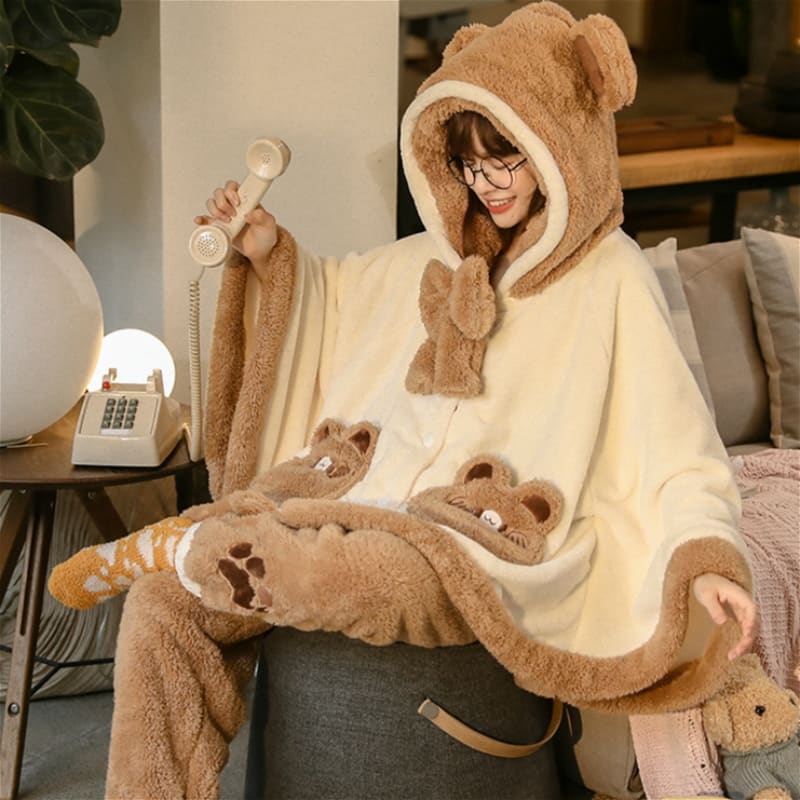 Bear Ears Pocket Bow Hooded Pajama Set MK15283 - KawaiiMoriStore