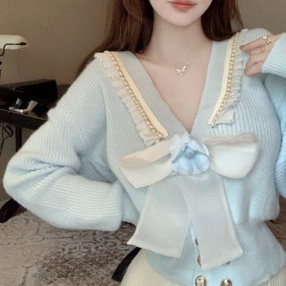 Big Bow Lady Sweater Cardigan - Light Blue / S - Cardigan