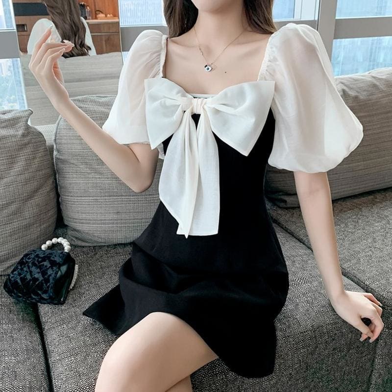 Black And White Contrast Bow Puff Sleeve Mini Dress