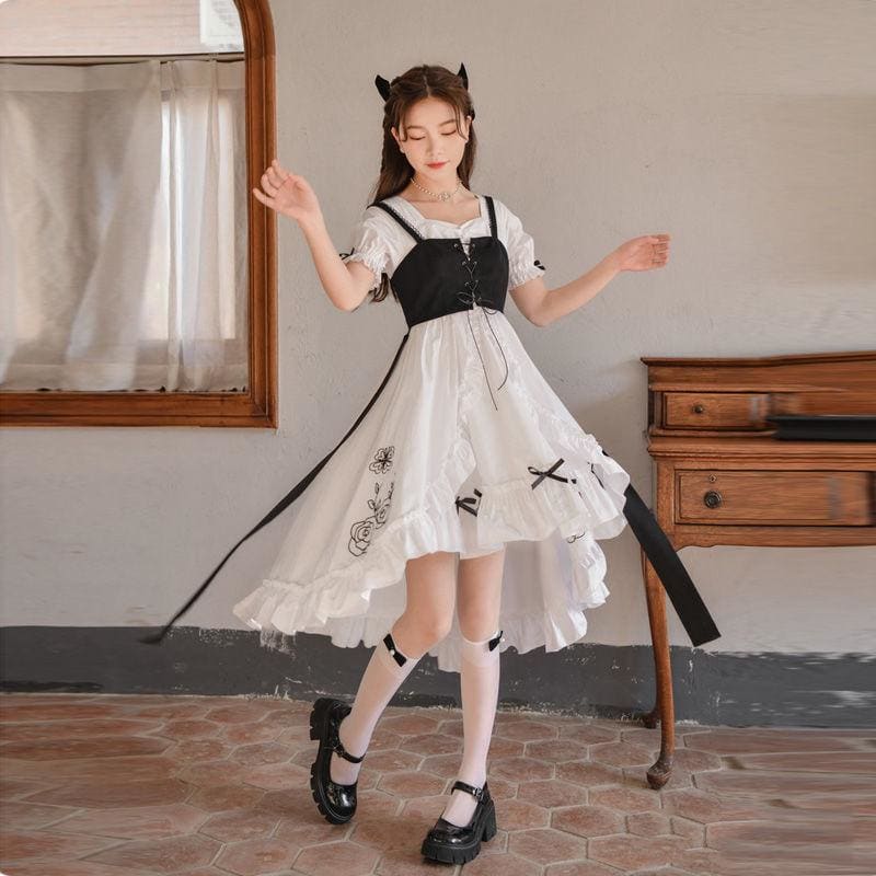Black and White Sweet Ruffles Long Kawaii Dress MM1307 - KawaiiMoriStore