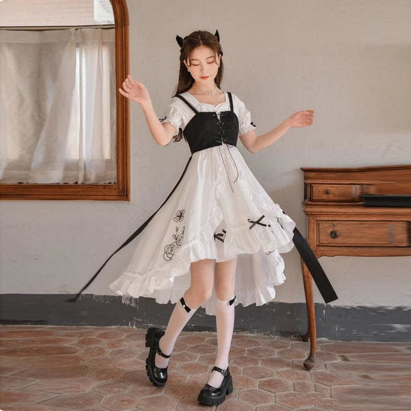 Black and White Sweet Ruffles Long Kawaii Dress MK16098 – KawaiiMoriStore