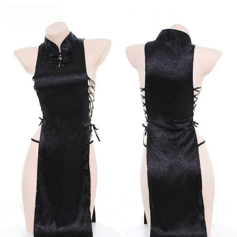 Black Bandage Hollow Out Cheongsam Pajamas MK119 - KawaiiMoriStore