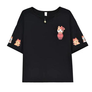 Black cartoon cat print T-shirt MK15202 - KawaiiMoriStore