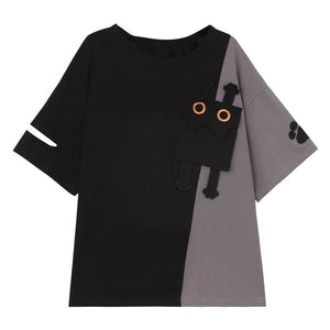 Black Cat Print Cartoon Cute Colorblock T-Shirt Shorts MM1130 - KawaiiMoriStore