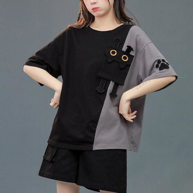 Black Cat Print Cartoon Cute Colorblock T-Shirt Shorts MM1130 - KawaiiMoriStore
