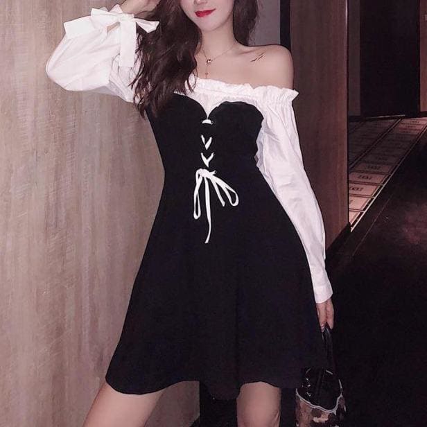 Black Chic Bow Bubble Sleeve Dress MK14837 - KawaiiMoriStore