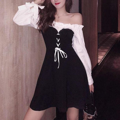 Black Chic Bow Bubble Sleeve Dress MK14837 - KawaiiMoriStore