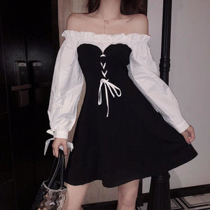 Black Chic Bow Bubble Sleeve Dress MK14837 - KawaiiMoriStore