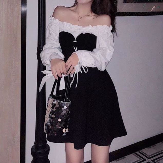 Black Chic Bow Bubble Sleeve Dress MK14837 - KawaiiMoriStore