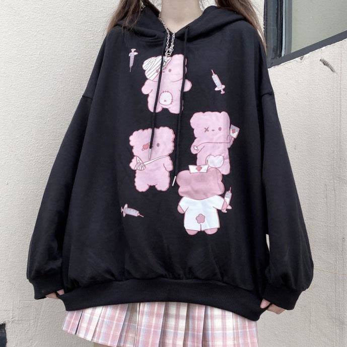 Black Cute Bear Printed Hoodie MK15281 - KawaiiMoriStore