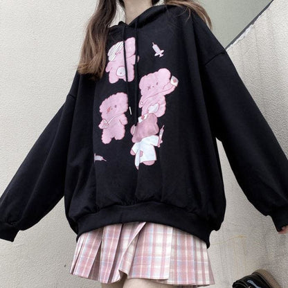 Black Cute Bear Printed Hoodie MK15281 - KawaiiMoriStore