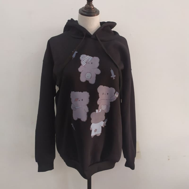 Black Cute Bear Printed Hoodie MK15281 - KawaiiMoriStore