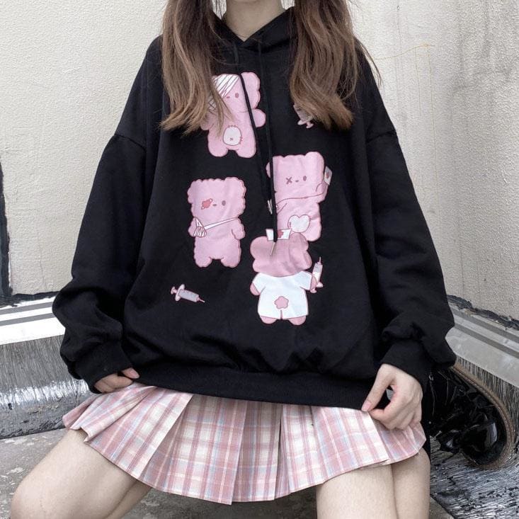 Black Cute Bear Printed Hoodie MK15281 - KawaiiMoriStore