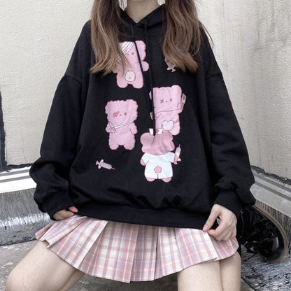 Black Cute Bear Printed Hoodie MK15281 - KawaiiMoriStore