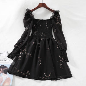 Black Flower Long Puff Sleeve Chiffon Dress MK14958 - KawaiiMoriStore