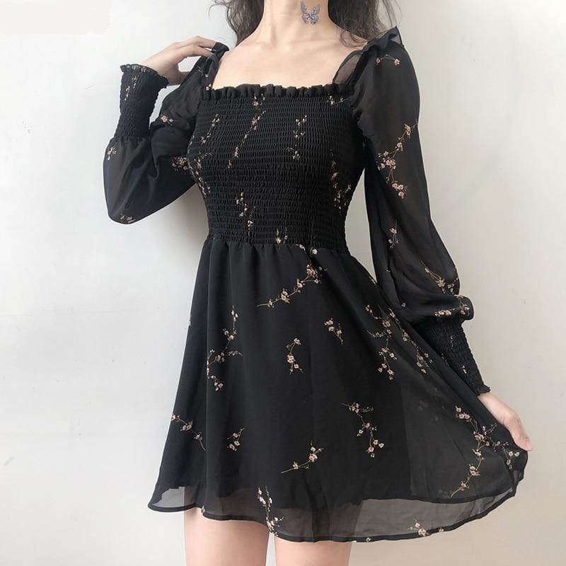 Black Flower Long Puff Sleeve Chiffon Dress MK14958 - KawaiiMoriStore